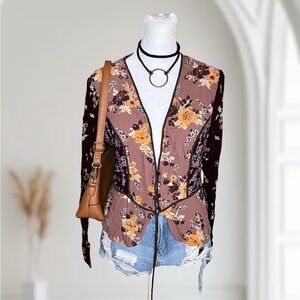 Free People Mixed Floral Boho V-Neck Button Front Blouse Size Medium